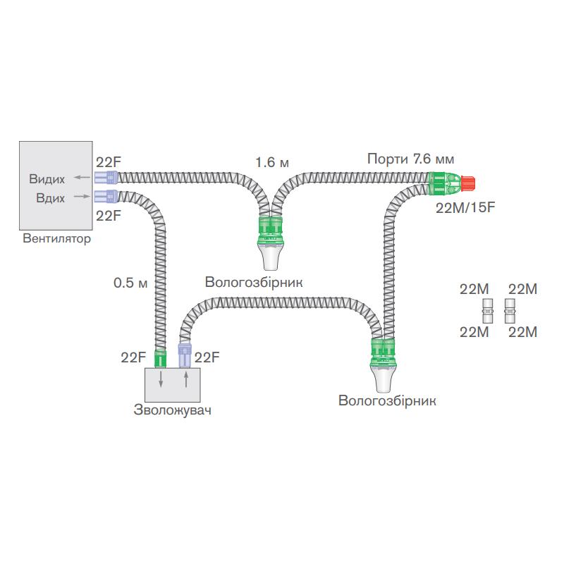 Дихальна система гладкостовбурна 1,6 м (m), 2 вологозбірники, відрізок шлангу 0,5 м (m), порти